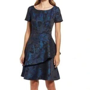 Shani Dress Jacquard Short Sleeve Asymmetric Tiered Fit & Flare Mini Blue NWT 16